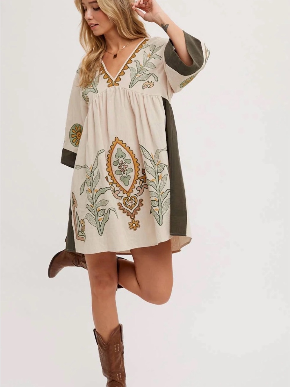 Boho Embroidered V-Neck Mini Dress in Cream and Olive